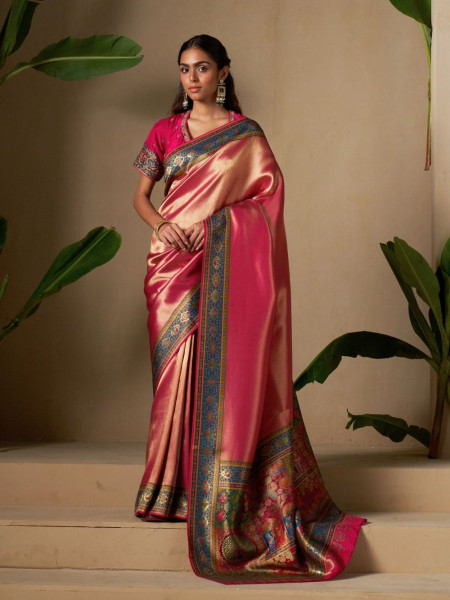 Rosé Gold Dola Silk Saree with Contrast Woven Border