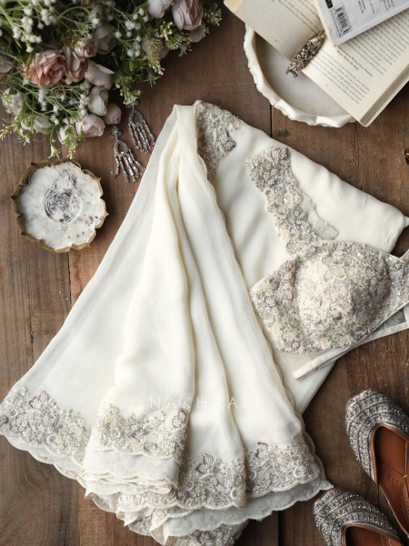 Florian Off White Saree with Sequin Beads Cut Dana Work