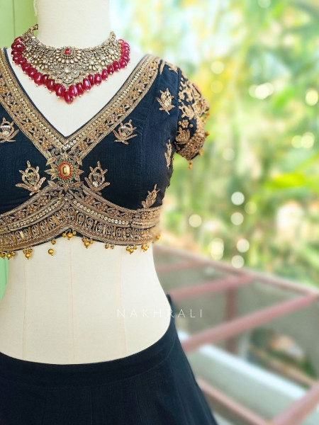 Surmayi Black Lehenga with Coconut Tree Motif Embroidery