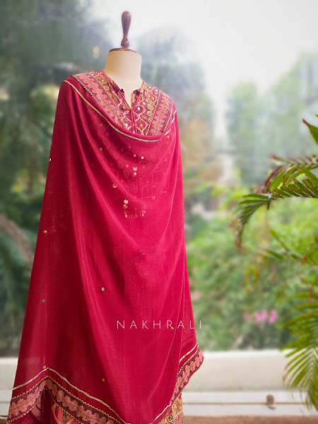 Aarohi Red Cotton Suit Set with Embroidery and Print