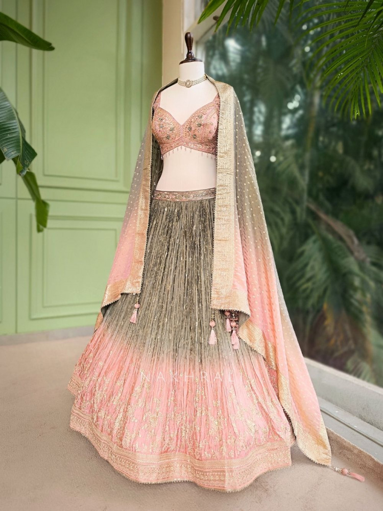 Image of Roselle Pink Ombre Lehenga with Gota Zari Work