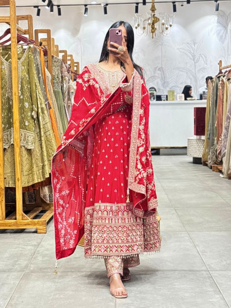 Aarvi Red Anarkali Suit Set with Zari Embroidery and Embellished Dupatta