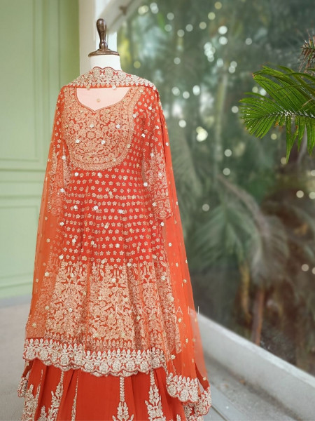 Ruhvika Royal Orange Embroidered Lehenga Set with Mirror and Stone Work