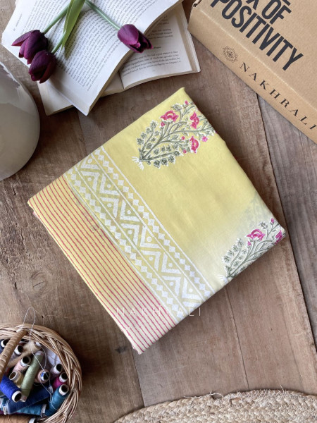 Thappa Yellow Cotton Saree with Block Print