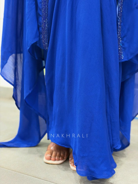 Rivora Blue Sequin Cut Dana Crop Top Drape Skirt Set with Cape