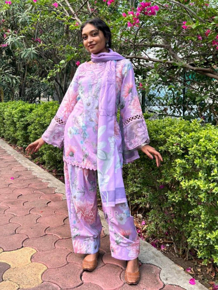 Image of Pavira Purple Floral Suit Set with Lace Detailing