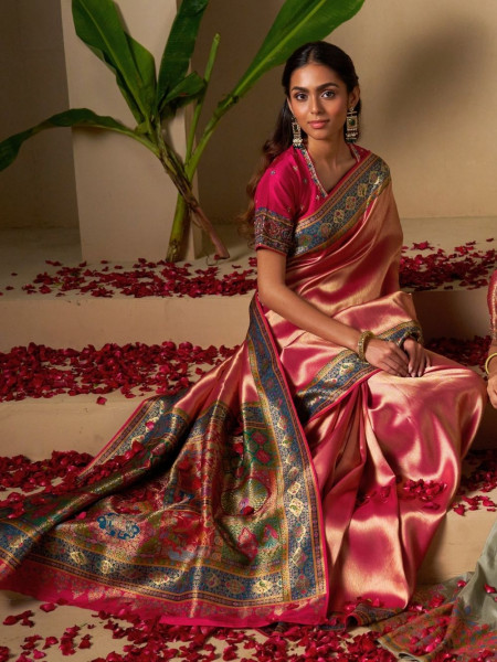 Rosé Gold Dola Silk Saree with Contrast Woven Border