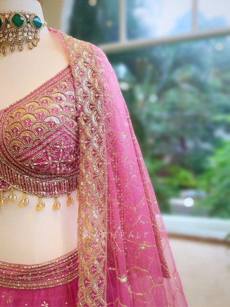 Lustre Enchant Pink Net Lehenga with Heavy Embroidered Blouse