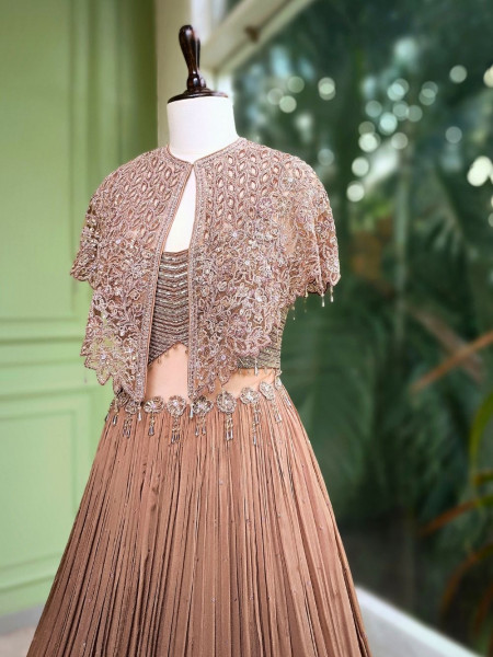 Evelyn Brown Embroidered Gown with Cape Jacket