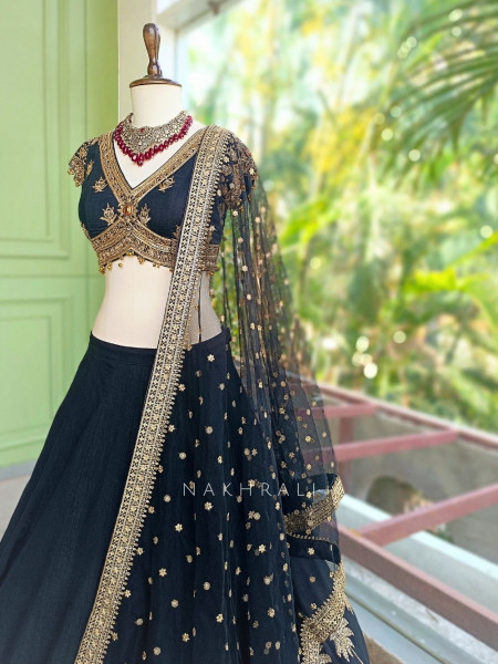 Surmayi Black Lehenga with Coconut Tree Motif Embroidery