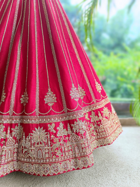 Vasundhira Red Unstitched Lehenga with Gota Patti and Zari Work