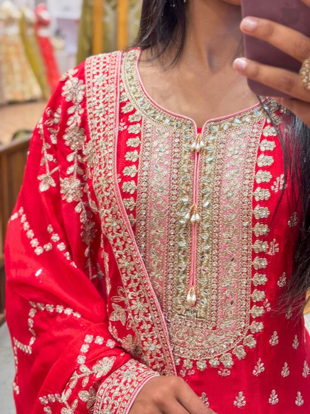 Aarvi Red Anarkali Suit Set with Zari Embroidery and Embellished Dupatta