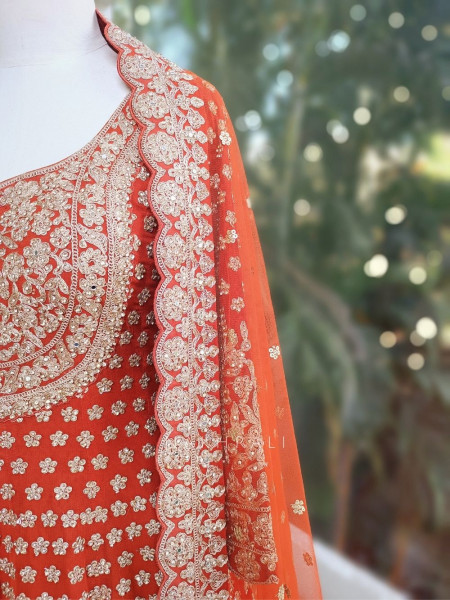 Ruhvika Royal Orange Embroidered Lehenga Set with Mirror and Stone Work