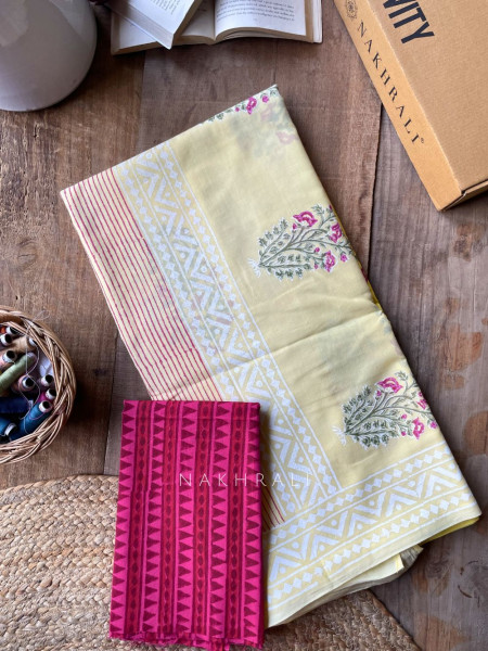 Thappa Yellow Cotton Saree with Block Print