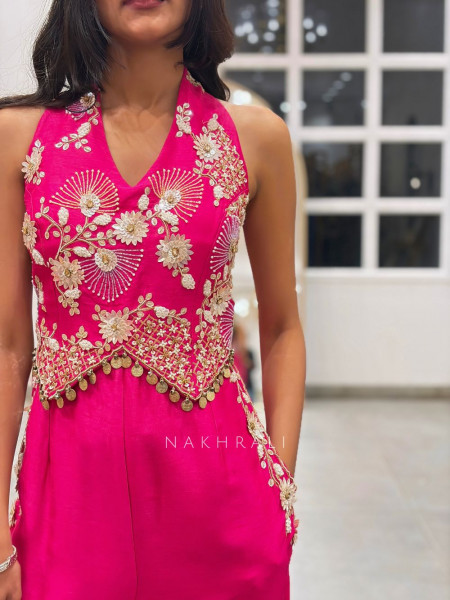 Aurelle Magenta Embroidered Indo-Western Jumpsuit