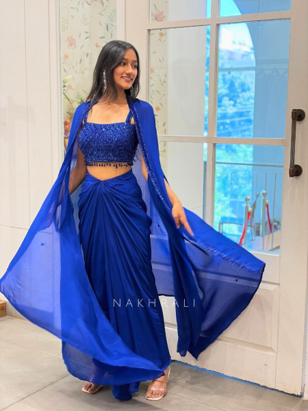 Rivora Blue Sequin Cut Dana Crop Top Drape Skirt Set with Cape