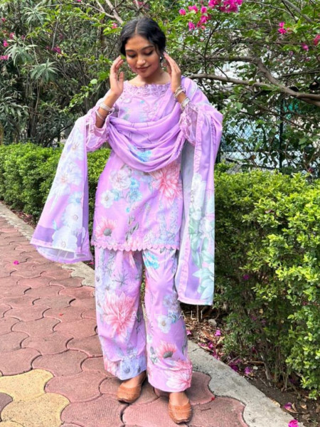 Pavira Purple Floral Suit Set with Lace Detailing