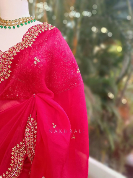 Roshira Red Zari and Sequin Embroidered Saree