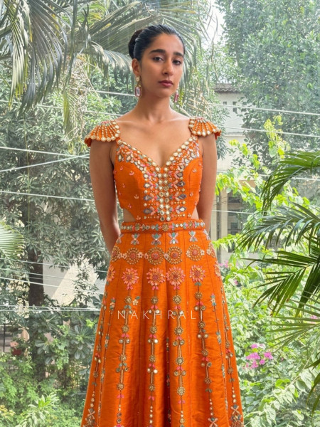 Opal Essence Orange Jumpsuit with Cutdana and Beads Work