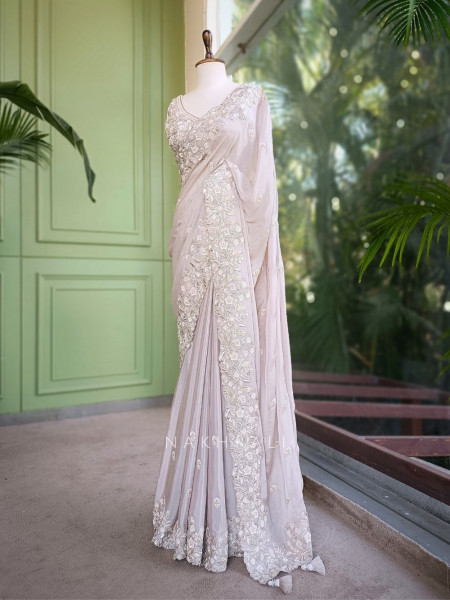 Rishka Beige Saree with Embroidery and Sequin Work