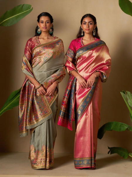 Rosé Gold Dola Silk Saree with Contrast Woven Border