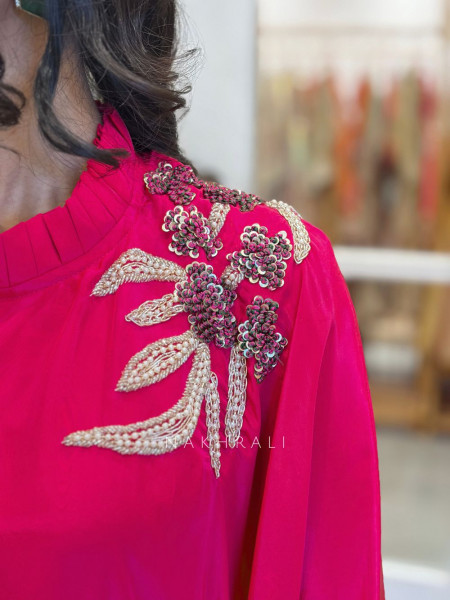 Gulrukh Magenta Kaftan Set with Shoulder Embroidery and Sequin Work