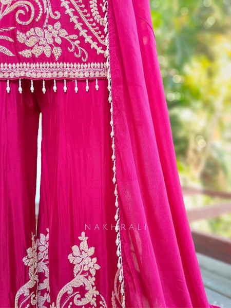 Miraya Magenta Bead Embroidered Kurta Sharara Suit Set