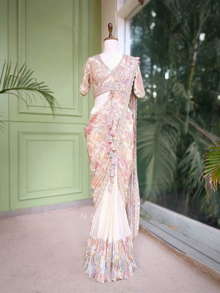 Mrinal Cream Drape Saree with Floral Print and Sequin Border