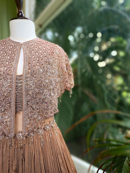 Evelyn Brown Embroidered Gown with Cape Jacket