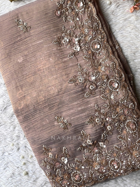 Roselle Gleam Purple Crushed Shimmer Silk Saree With Zardozi & Aari Work