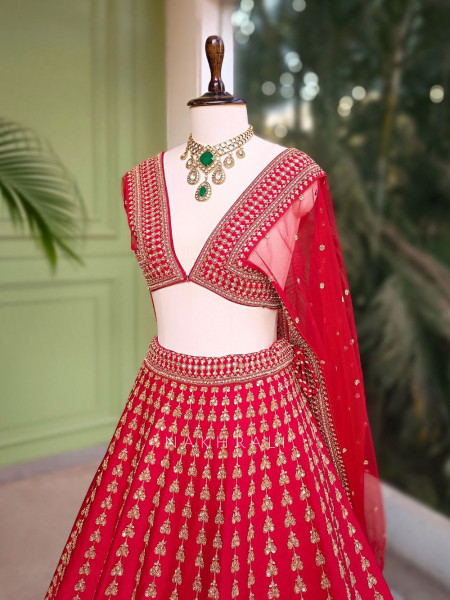 Eshika Red Bridal Lehenga with Zari and Sequin Work