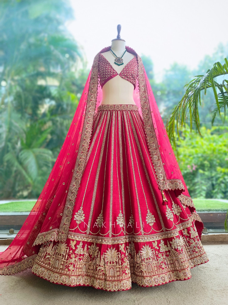 Image of Vasundhira Red Unstitched Lehenga with Gota Patti and Zari Work