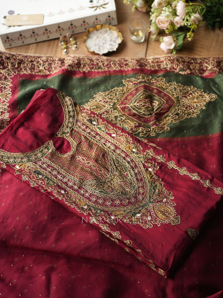 Image of Imperial Maroon Dress Material Set with Heavy Embroidery Work