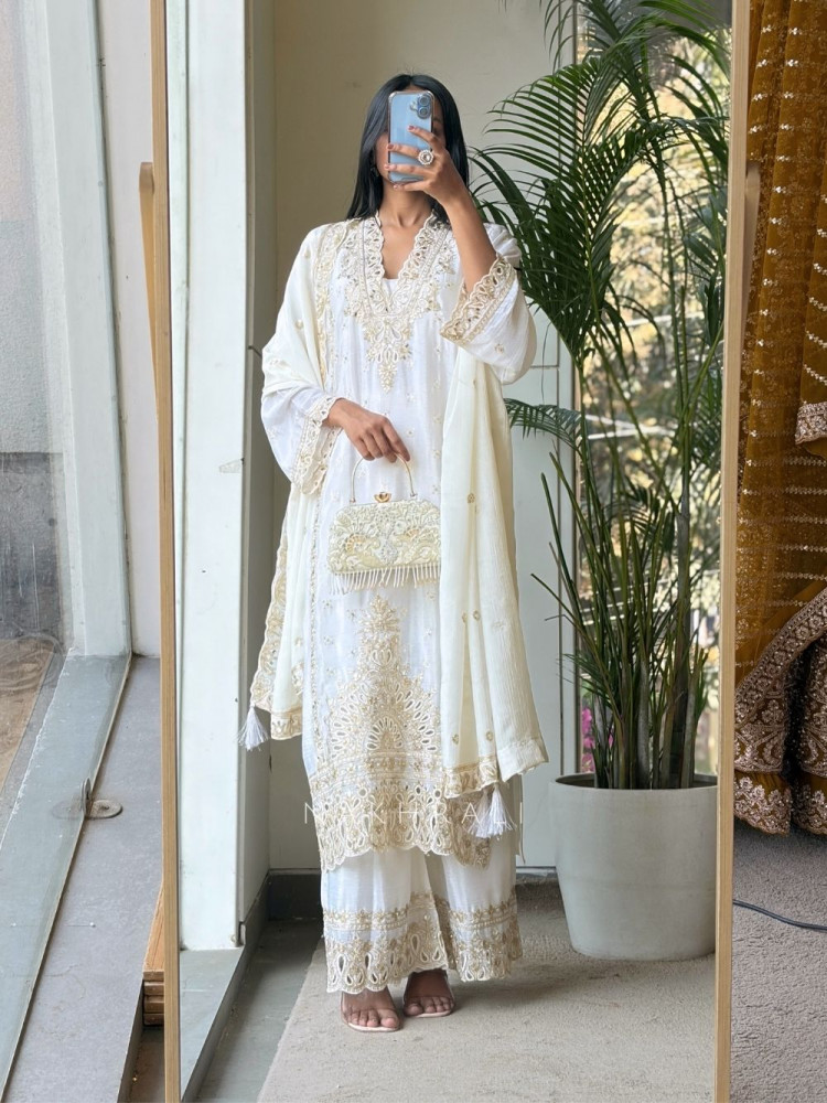 Image of Zymera Off White  Three Piece Suit Set with Cutwork and Mirror Embroidery