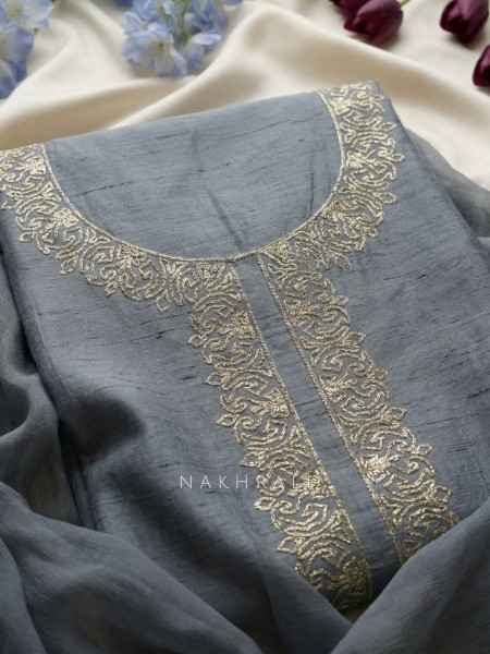 Virelle Grey Embroidered Dress Material with Sheer Dupatta