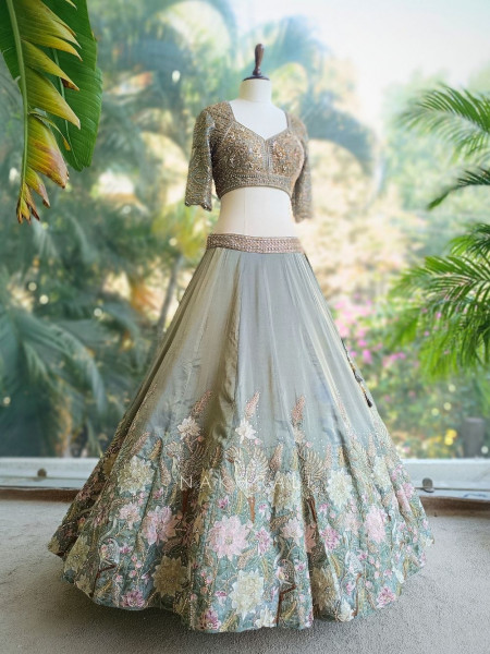 Orvian Green Bridal Lehenga Set with Floral Embroidery