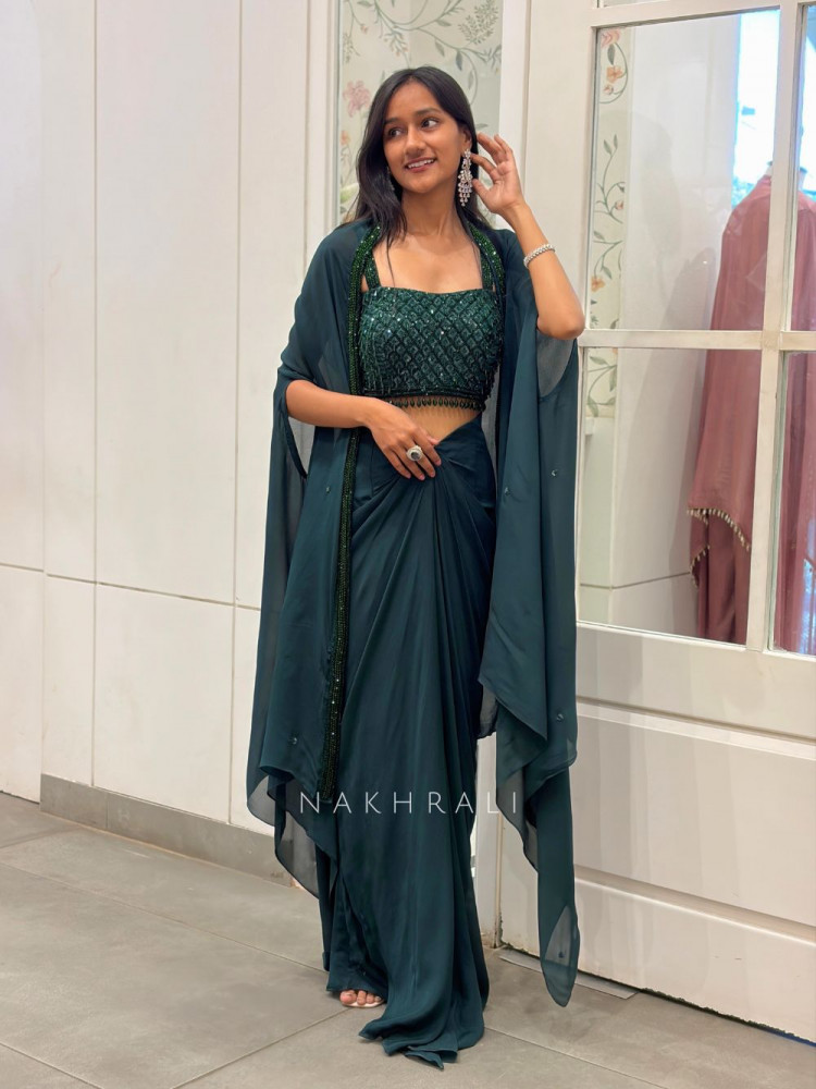 Image of Rivora Green Sequin Cut Dana Crop Top Drape Skirt Set with Cape