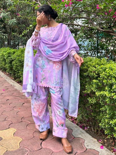 Pavira Purple Floral Suit Set with Lace Detailing