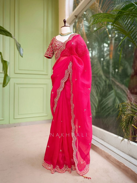 Roshira Red Zari and Sequin Embroidered Saree