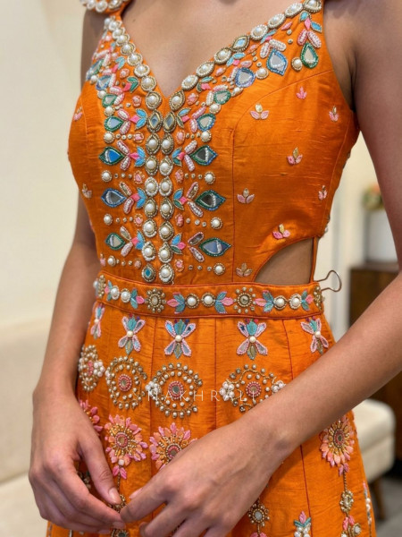 Opal Essence Orange Jumpsuit with Cutdana and Beads Work