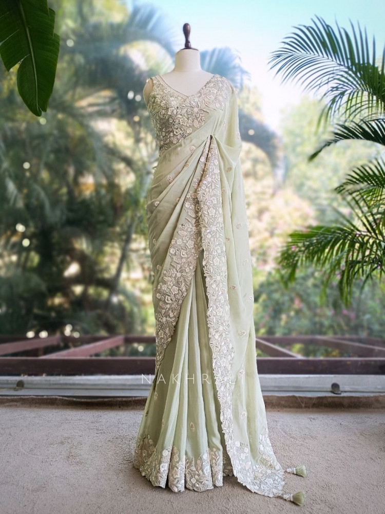Image of Rishka Pista Green Saree with Embroidery and Sequin Work