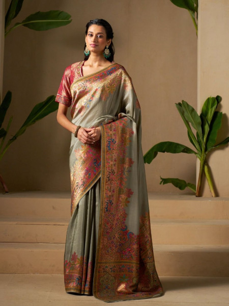 Aarunya Grey Dola Silk Saree with Multicolor Weave