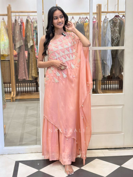 Moonveil Pink One Shoulder Cape Kaftan with Sequin Embellishment