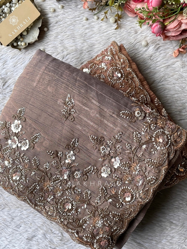 Image of Roselle Gleam Purple Crushed Shimmer Silk Saree With Zardozi &amp; Aari Work