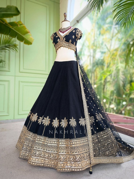 Surmayi Black Lehenga with Coconut Tree Motif Embroidery