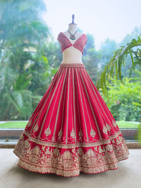 Vasundhira Red Unstitched Lehenga with Gota Patti and Zari Work