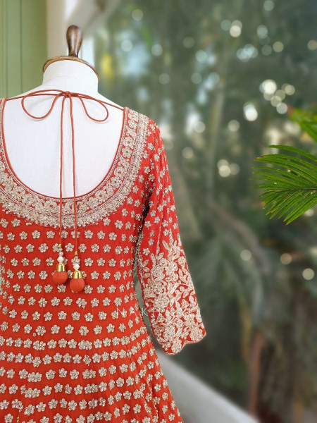 Ruhvika Royal Orange Embroidered Lehenga Set with Mirror and Stone Work