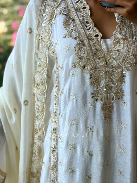 Zymera Off White  Three Piece Suit Set with Cutwork and Mirror Embroidery