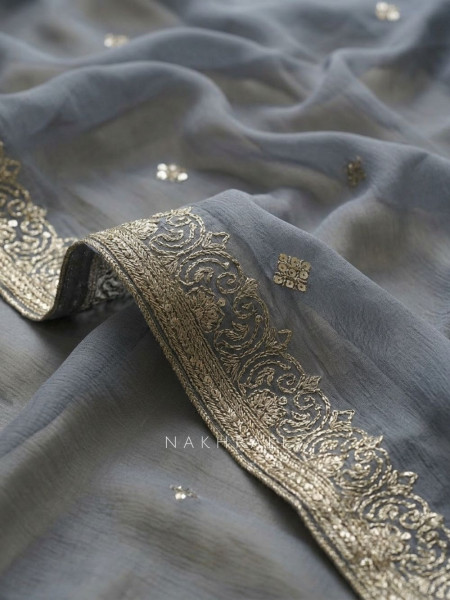 Virelle Grey Embroidered Dress Material with Sheer Dupatta