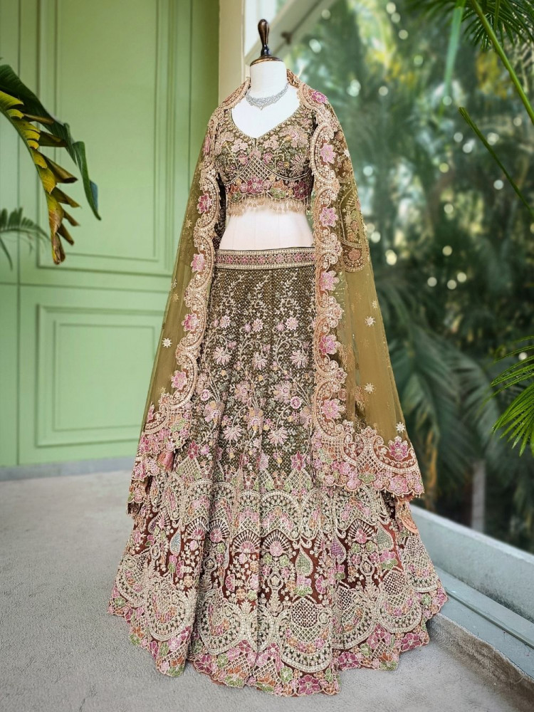 Image of Tirvani Green Floral Embroidered Bridal Lehenga Set